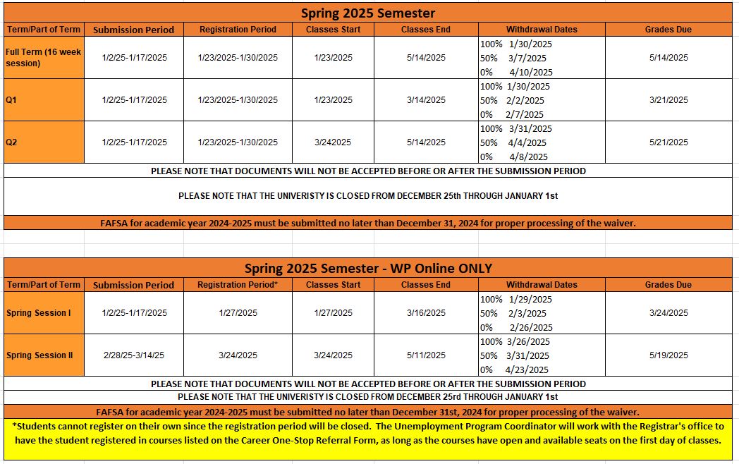 Spring 2025 UE calendar